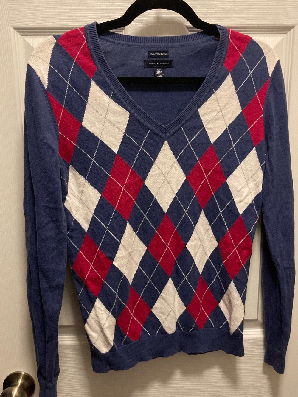 TOMMY HILFIGER V-Neck Argyle Sweater - Size Small